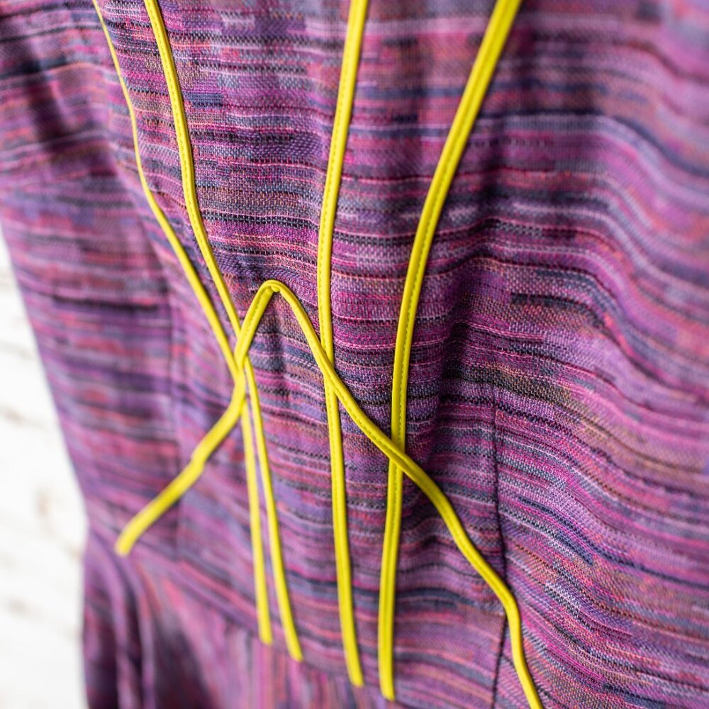 Handmade Women's Small Purple Fit Flare Dress Yellow Piping Short Sleeve Pockets - Picture 3 of 8